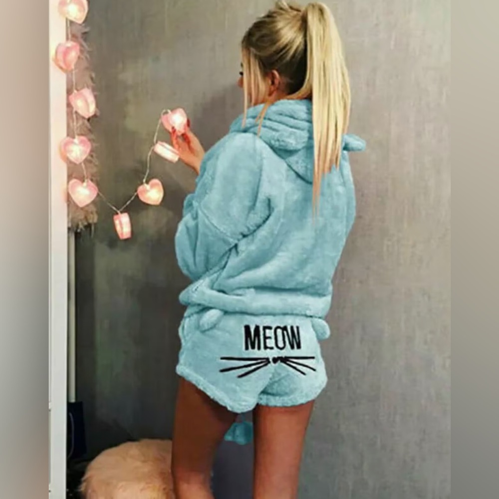 Plush Fluffy Blue Cat Pajama/Loungewear Set